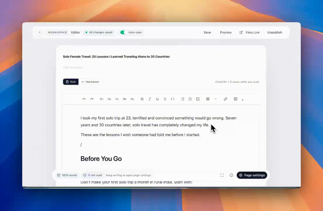 Slash command demo - Type / to insert blocks