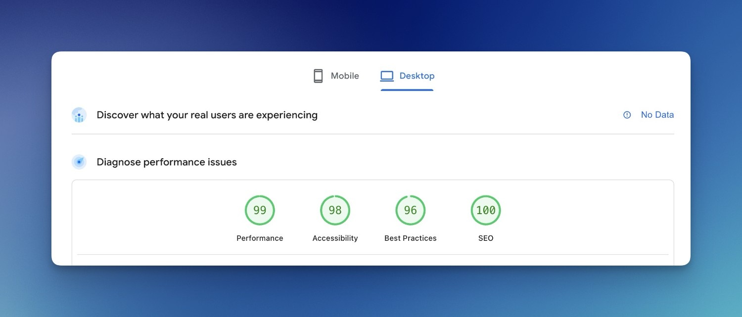 Desktop Lighthouse scores: Performance 99, Accessibility 98, Best Practices 96, SEO 100