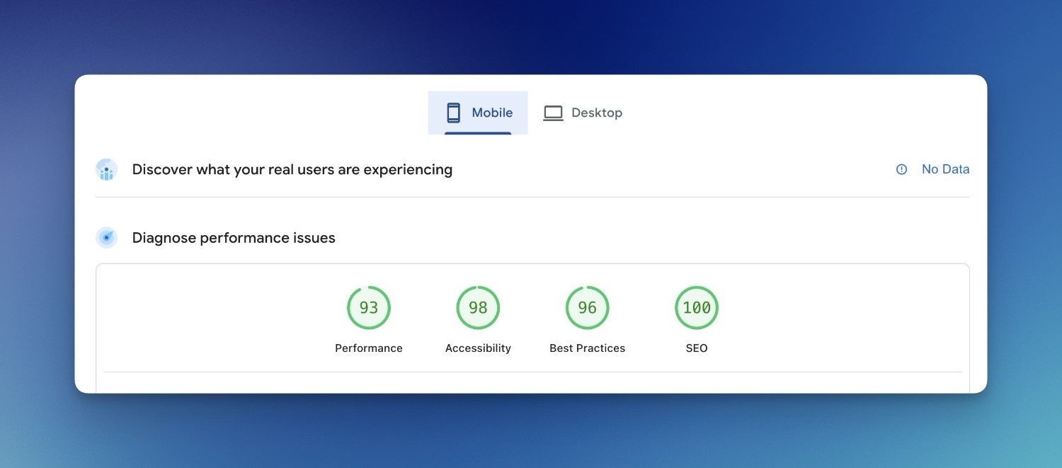 Mobile Lighthouse scores: Performance 93, Accessibility 98, Best Practices 96, SEO 100